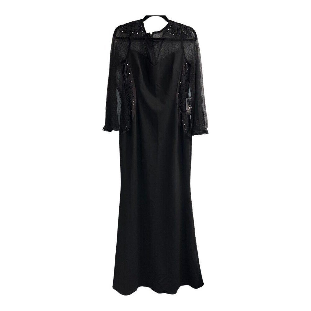 Adrianna Papell Womens 10 Crepe and Point D'esprit Gown Black Embroidered Sheer